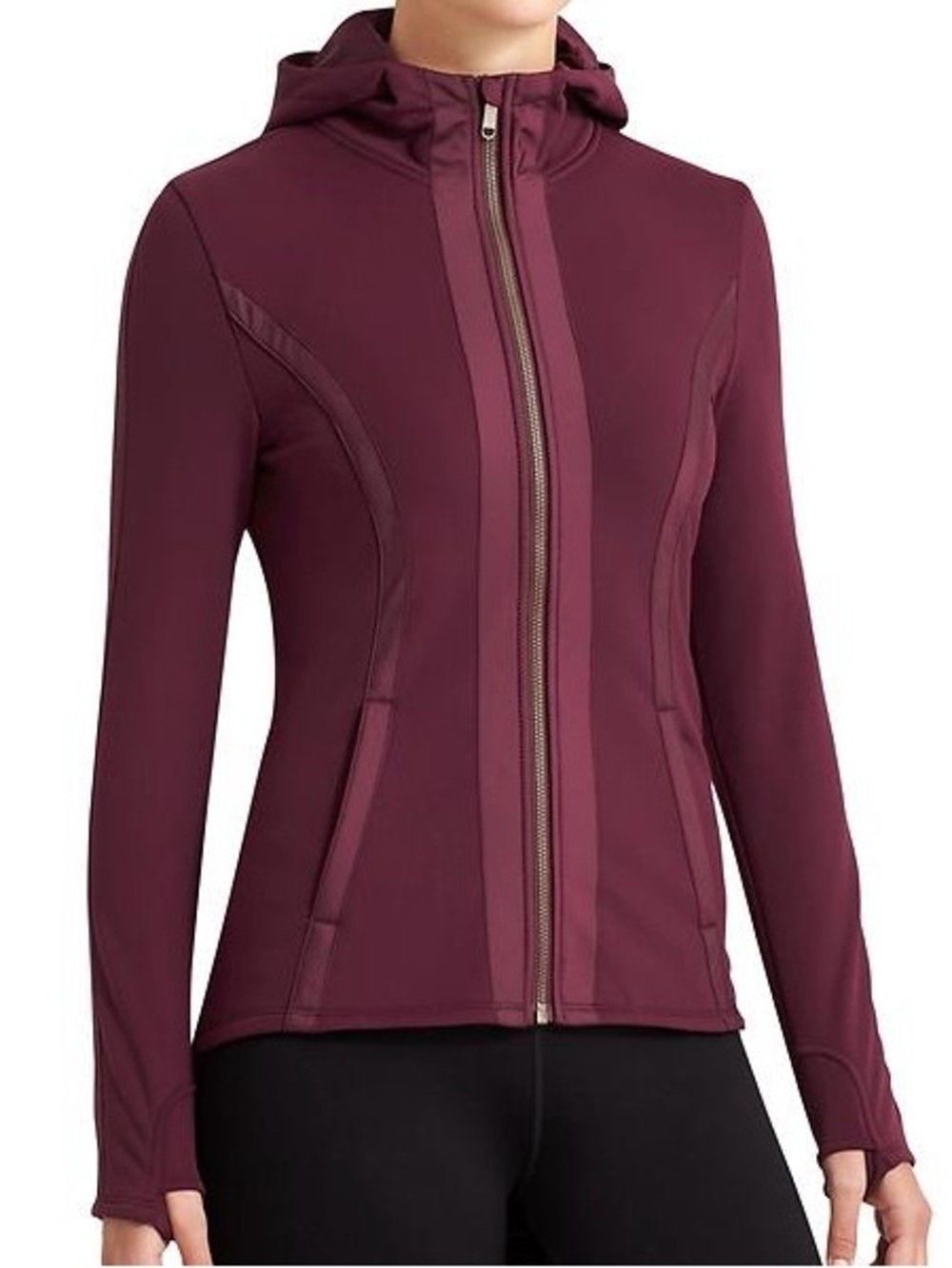 Athleta Verbier Jacket M Burgundy Chianti Hooded Fleece Lined Full Zip Sporty